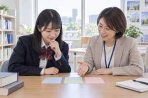 進路相談室で先生と選抜方式のカードを並べて話し合う高校生