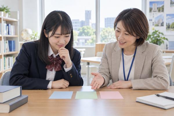 進路相談室で先生と選抜方式のカードを並べて話し合う高校生