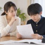 答案を前に、母親と中学生の息子が個別指導塾の成果について話している場面