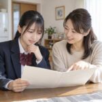 自宅のダイニングで、制服姿の高校生と母親が高校の通知表を開いて見ている場面