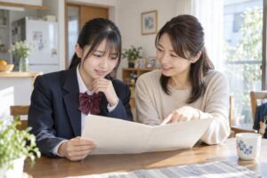 自宅のダイニングで、制服姿の高校生と母親が高校の通知表を開いて見ている場面