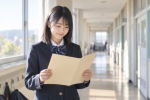 明るい校舎の廊下で、制服姿の中学生が通知表を開いて評定を確かめている場面