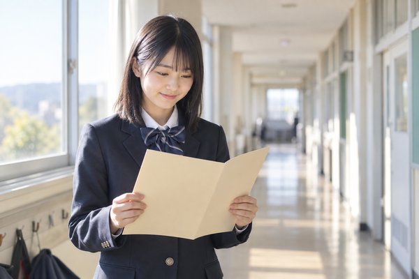 明るい校舎の廊下で、制服姿の中学生が通知表を開いて評定を確かめている場面