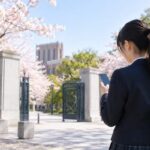 桜の咲く4月、大学の正門前で受験生がスマートフォンから共通テストの成績を確認している場面
