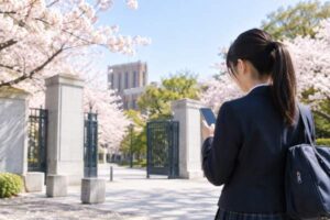 桜の咲く4月、大学の正門前で受験生がスマートフォンから共通テストの成績を確認している場面