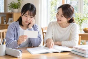 受験票を手に不安そうな表情の中学生と、英語の過去問を開いて指さす保護者