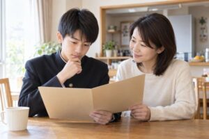 自宅のダイニングで、学生服姿の中学生と母親が通知表を一緒に開いて見ている様子