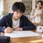 自宅のダイニングで、中学生がタイマーを置いて数学の実力テストの問題を時間どおりに解き始めている様子