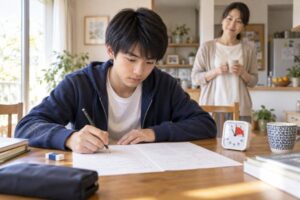 自宅のダイニングで、中学生がタイマーを置いて数学の実力テストの問題を時間どおりに解き始めている様子