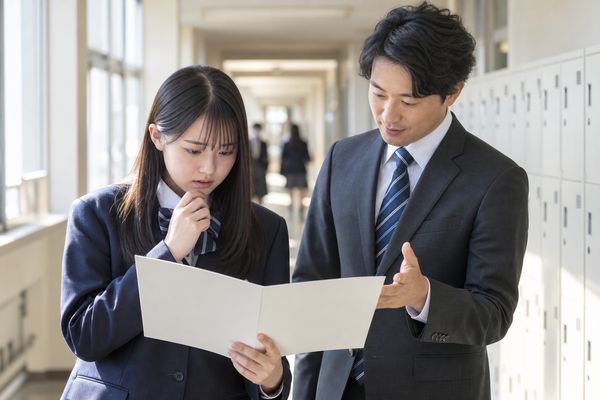明るい高校の廊下で、通知表を開いて不安そうな高校生に先生が評価の見方を説明している様子