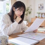 自宅のダイニングで模試の答案と学習計画を見つめる高校生