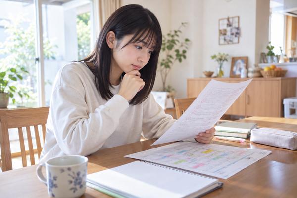 自宅のダイニングで模試の答案と学習計画を見つめる高校生