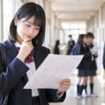 明るい校舎の廊下で、返却された答案を見つめる制服姿の女子高校生