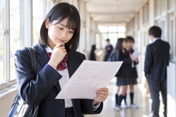 明るい校舎の廊下で、返却された答案を見つめる制服姿の女子高校生