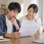実力テストの成績票を見て考える中学生と、横で見守る母親