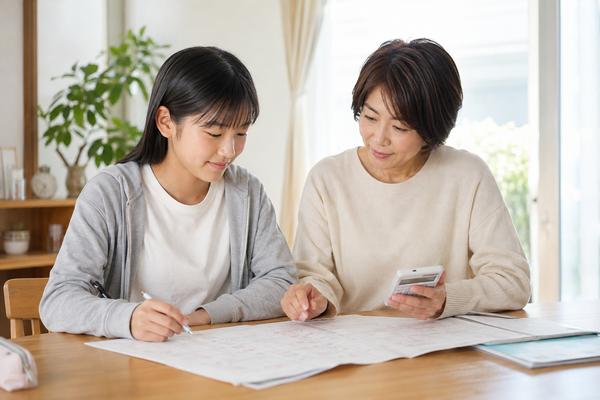 5教科350点の答案を親子で見ながら平均点との差を確かめている様子