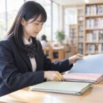 制服姿の高校生が図書館で色の違う三つの書類ファイルを見分けている様子