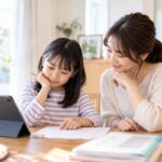 ダイニングでタブレットの学習画面と学校のテスト用紙を見比べる小学生と母親