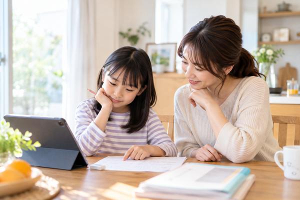 ダイニングでタブレットの学習画面と学校のテスト用紙を見比べる小学生と母親