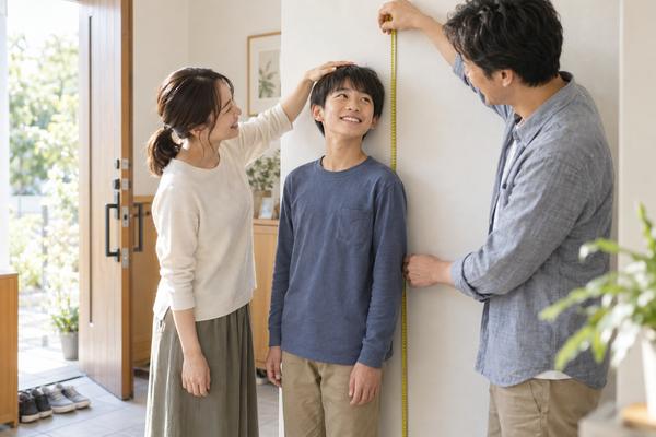 玄関の壁で中学生の息子の身長をメジャーで測る父親と母親