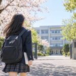 桜の並木道を通って新学年の学校へ向かう高校生の後ろ姿