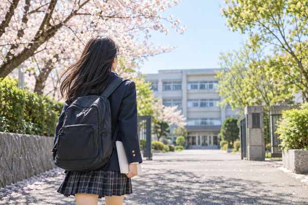 桜の並木道を通って新学年の学校へ向かう高校生の後ろ姿