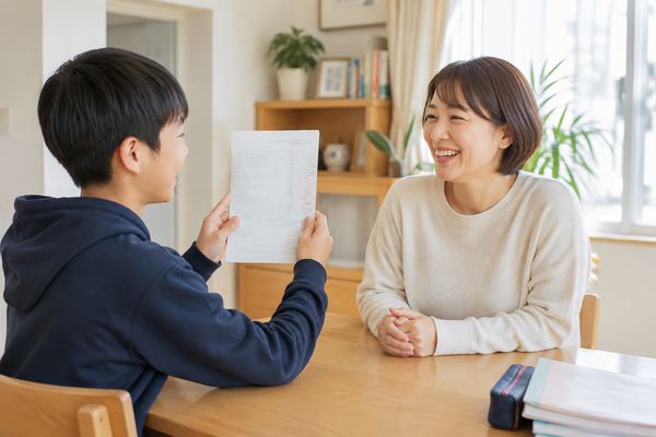通知表オール4を持ち帰った中学生と、笑顔で受け止める保護者