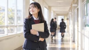 通知表を受け取り、明るい校舎の廊下でうれしそうにしている中学生