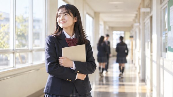 通知表を受け取り、明るい校舎の廊下でうれしそうにしている中学生