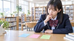 制服の中学生が明るい学校の図書室で、色の違う三枚のカードを見比べて考えている様子。中学生共通テストと呼ばれる三つの試験を分けて選ぶことを表したアイキャッチ