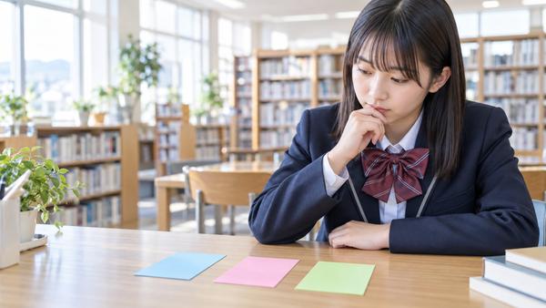 制服の中学生が明るい学校の図書室で、色の違う三枚のカードを見比べて考えている様子。中学生共通テストと呼ばれる三つの試験を分けて選ぶことを表したアイキャッチ