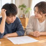 明るいダイニングで、テストの答案を前に落ち込む中学生の息子に、母親が叱らず静かに寄り添っている様子