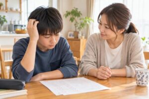 明るいダイニングで、テストの答案を前に落ち込む中学生の息子に、母親が叱らず静かに寄り添っている様子