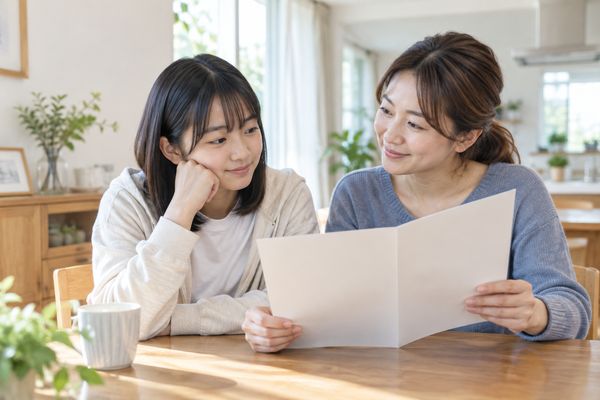 明るいリビングのテーブルで、中学生と母親が通知表を開いて一緒に見ながら、5段階評価の内容を話し合っている様子