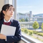 明るい校舎の窓辺で、制服姿の中学生が資料を抱えながら、高専の校舎を見つめている様子