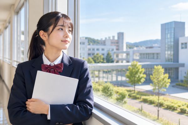 明るい校舎の窓辺で、制服姿の中学生が資料を抱えながら、高専の校舎を見つめている様子