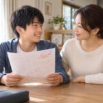 自宅のテーブルで、赤ペンの入った答案を手にした中学生と母親が、笑顔で向き合って話し合っている様子