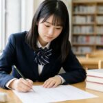 図書室で制服の中学生が英文法の問題に取り組み、解答用紙に書き込んでいる様子