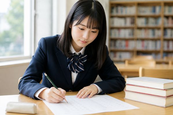 図書室で制服の中学生が英文法の問題に取り組み、解答用紙に書き込んでいる様子