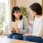 合格通知の封筒を手に、三学期の成績について母親と話す中3の生徒