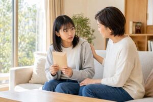 合格通知の封筒を手に、三学期の成績について母親と話す中3の生徒