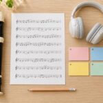 机に並んだ楽譜とリコーダー、ヘッドホン、色分けカード、メトロノームなど音楽のテスト勉強に使う道具