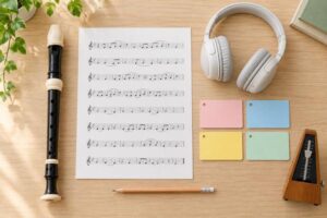 机に並んだ楽譜とリコーダー、ヘッドホン、色分けカード、メトロノームなど音楽のテスト勉強に使う道具