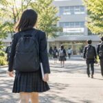 朝の校門へ向かって歩く制服姿の中学生の後ろ姿