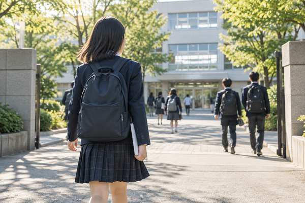 朝の校門へ向かって歩く制服姿の中学生の後ろ姿