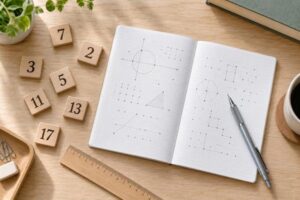 素数の数字タイルと方眼ノート、鉛筆と定規を並べた整数の学習イメージ