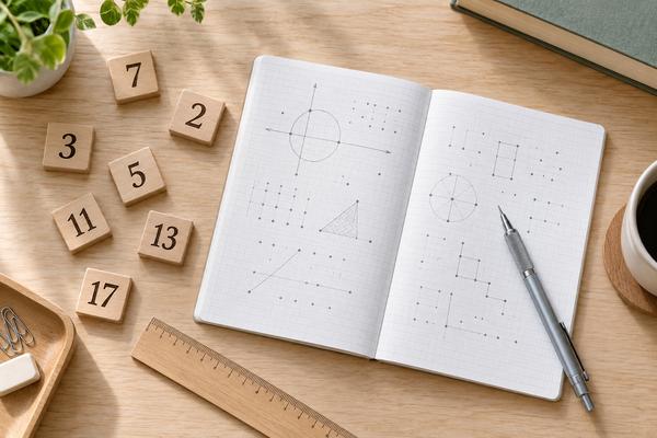 素数の数字タイルと方眼ノート、鉛筆と定規を並べた整数の学習イメージ