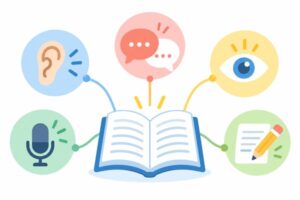聞く・読む・話す・書くの5領域を表すアイコンが英語の本を囲むイラスト