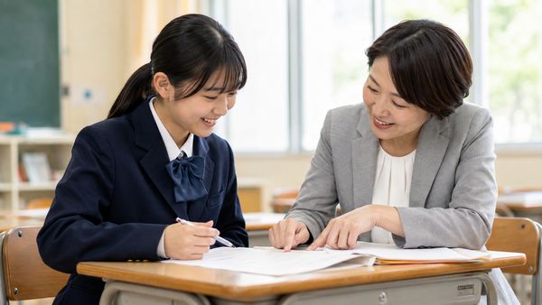 教室で先生と一緒に通知表と返却物を見ながら、内申を上げる方法を確認する中学生