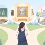 学校の美術室、美術館、美大のアトリエへ分かれる三つの道の前に立つ生徒のイラスト